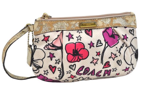 Authentic COACH POPPYHand Pouch Purse Nylon Leather Beige L0828