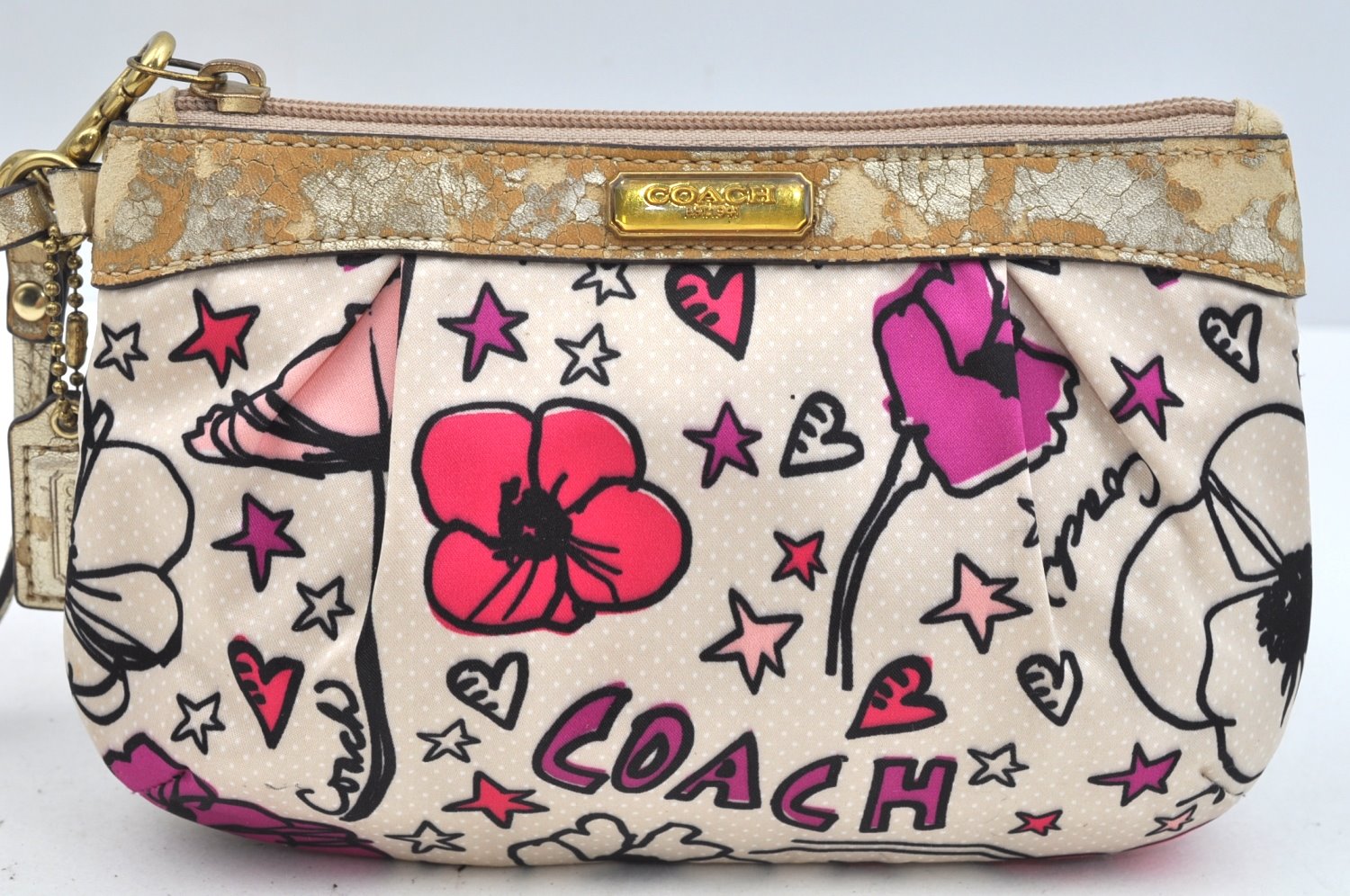 Authentic COACH POPPYHand Pouch Purse Nylon Leather Beige L0828