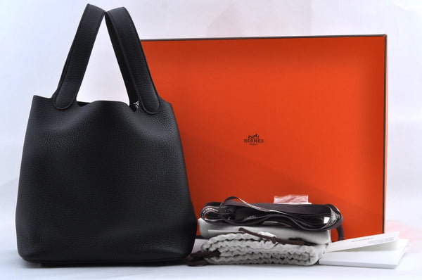 Authentic HERMES Picotan Lock MM Hand Bag Taurillon Clemence Black L2120