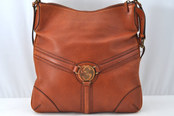 Authentic GUCCI Interlocking G Shoulder Cross Bag Leather 115568 Brown L2352
