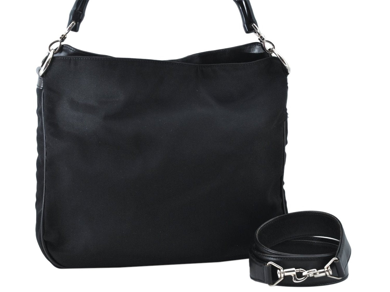 Authentic GUCCI Bamboo 2way Hand Shoulder Bag Nylon Leather 0011638 Black L2370