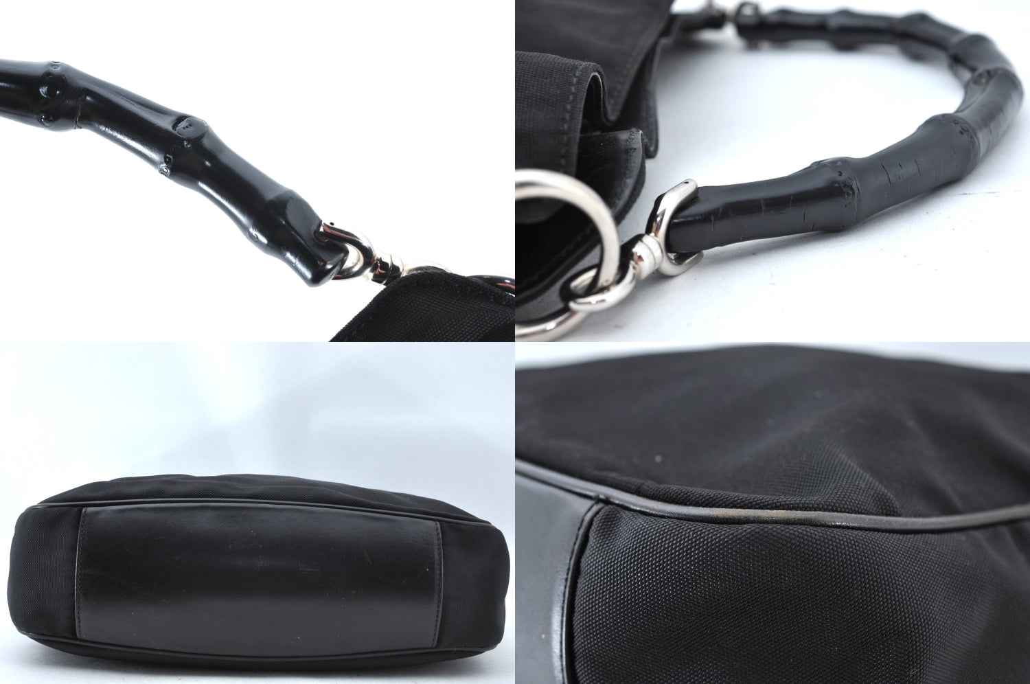 Authentic GUCCI Bamboo 2way Hand Shoulder Bag Nylon Leather 0011638 Black L2370