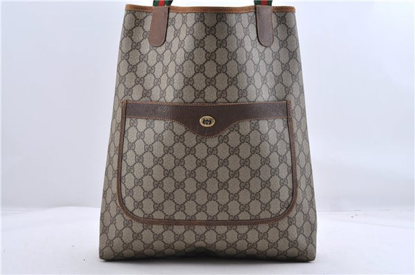 Authentic GUCCI Web Sherry Line Shoulder Tote Bag PVC Leather Brown 0000D