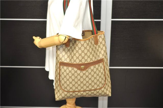 Authentic GUCCI Web Sherry Line Shoulder Tote Bag PVC Leather Brown 0000D