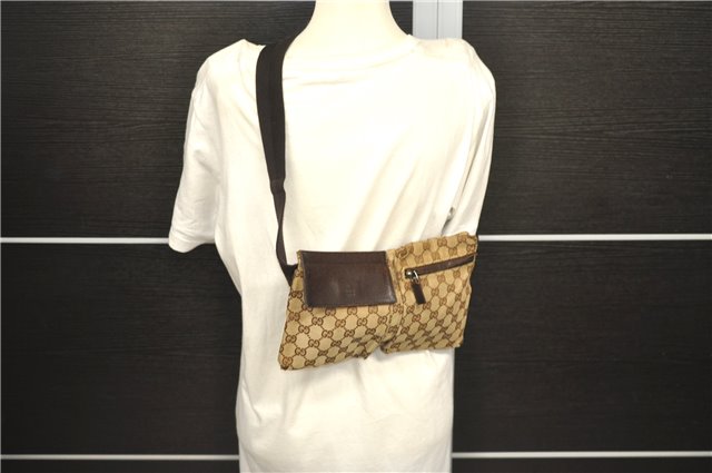 Authentic GUCCI Waist Body Bag GG Canvas Leather 28566 Brown 0005D