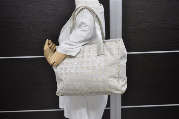 Authentic CHANEL New Travel Line Shoulder Tote Bag Nylon Leather White 0006D