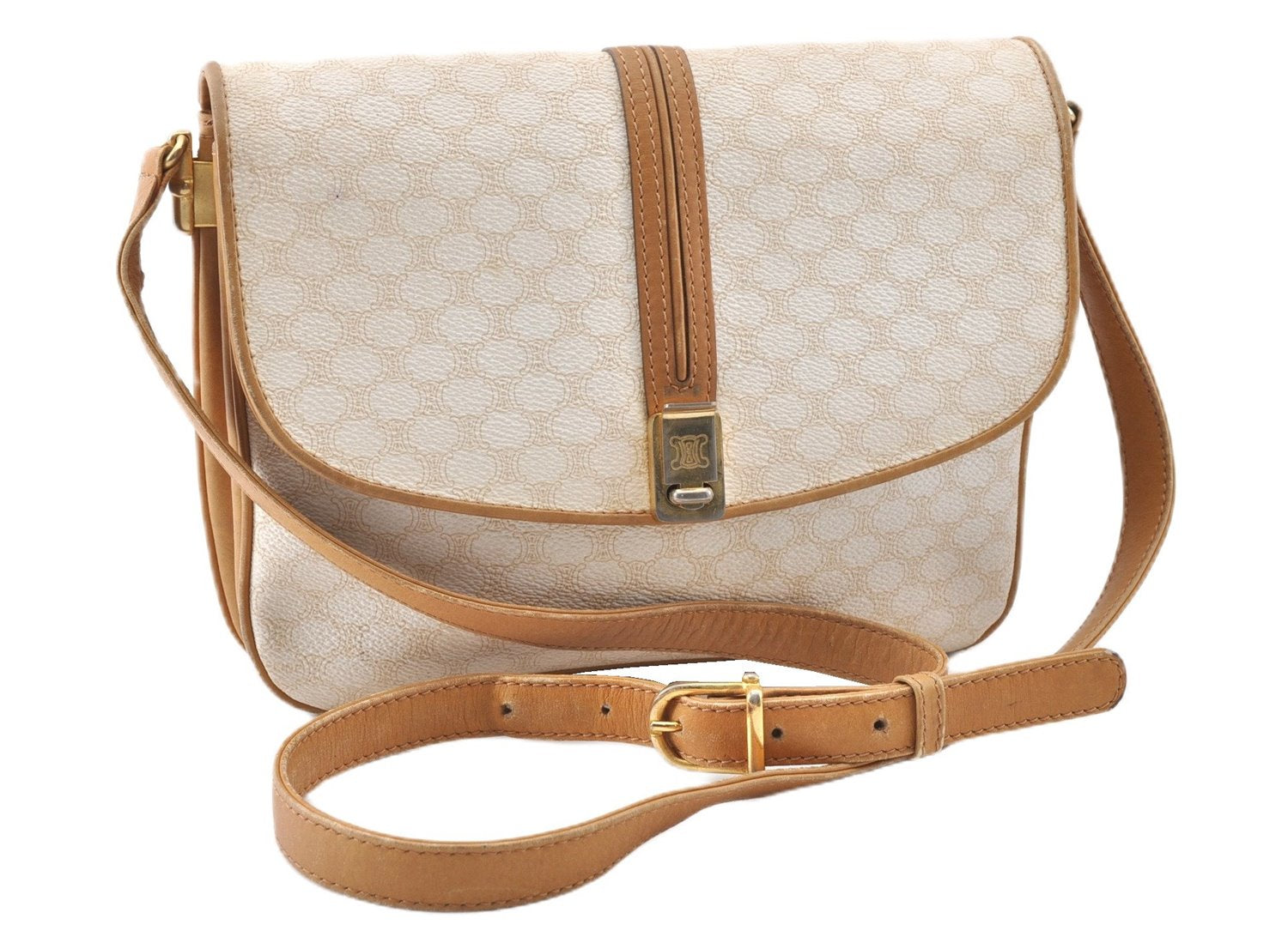 Authentic CELINE Macadam Blason Shoulder Cross Body Bag PVC Leather White 0007G