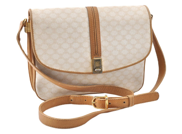 Authentic CELINE Macadam Blason Shoulder Cross Body Bag PVC Leather White 0007G