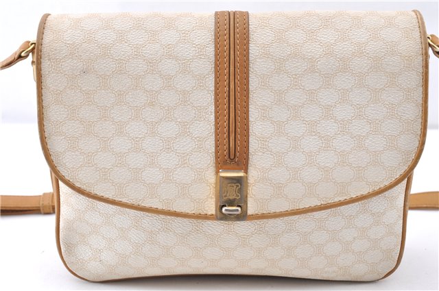 Authentic CELINE Macadam Blason Shoulder Cross Body Bag PVC Leather White 0007G