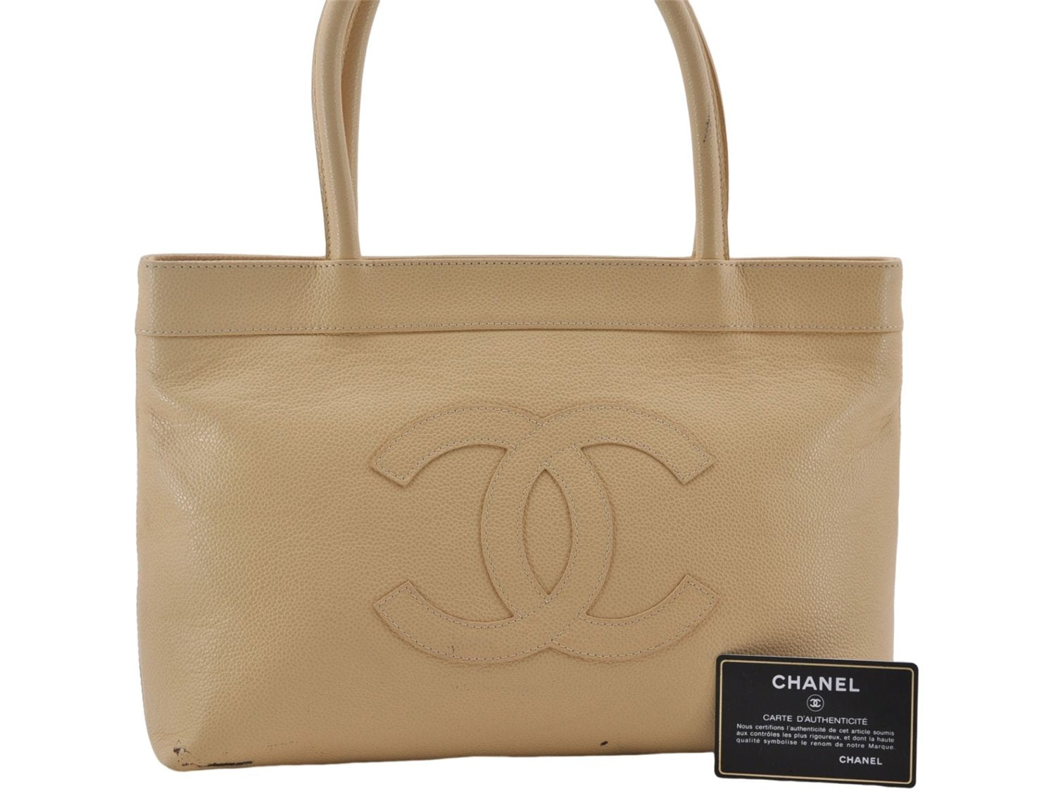 Authentic Vintage CHANEL Caviar Skin CC Logo Shoulder Tote Bag Ivory 0013E