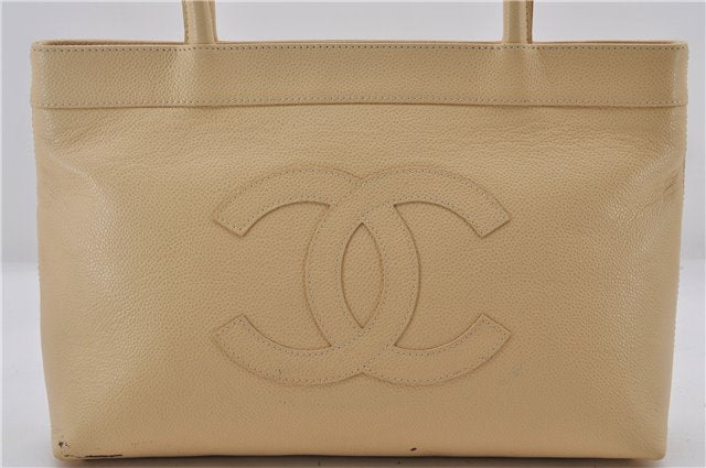 Authentic Vintage CHANEL Caviar Skin CC Logo Shoulder Tote Bag Ivory 0013E