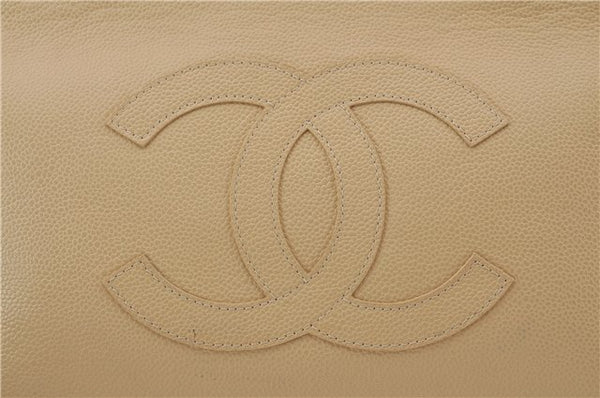 Authentic Vintage CHANEL Caviar Skin CC Logo Shoulder Tote Bag Ivory 0013E