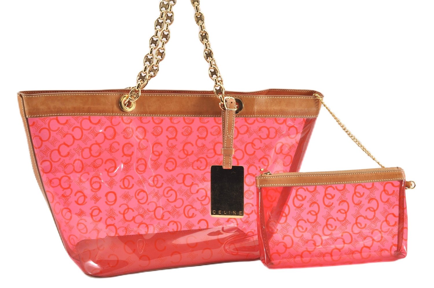 Authentic CELINE C Macadam Blason Chain Shoulder Tote Bag Vinyl Red 0014G