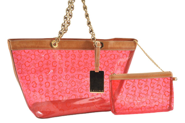 Authentic CELINE C Macadam Blason Chain Shoulder Tote Bag Vinyl Red 0014G