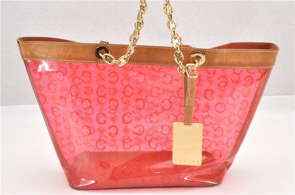Authentic CELINE C Macadam Blason Chain Shoulder Tote Bag Vinyl Red 0014G