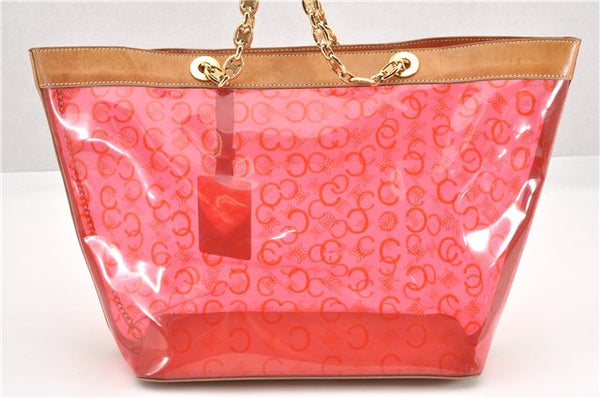 Authentic CELINE C Macadam Blason Chain Shoulder Tote Bag Vinyl Red 0014G