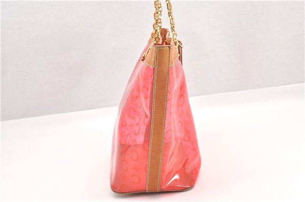 Authentic CELINE C Macadam Blason Chain Shoulder Tote Bag Vinyl Red 0014G
