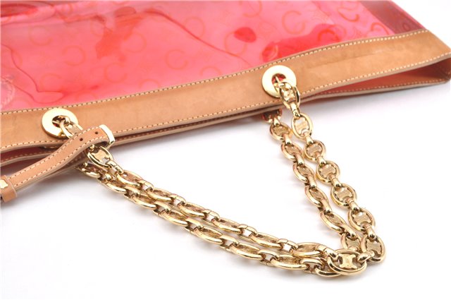 Authentic CELINE C Macadam Blason Chain Shoulder Tote Bag Vinyl Red 0014G