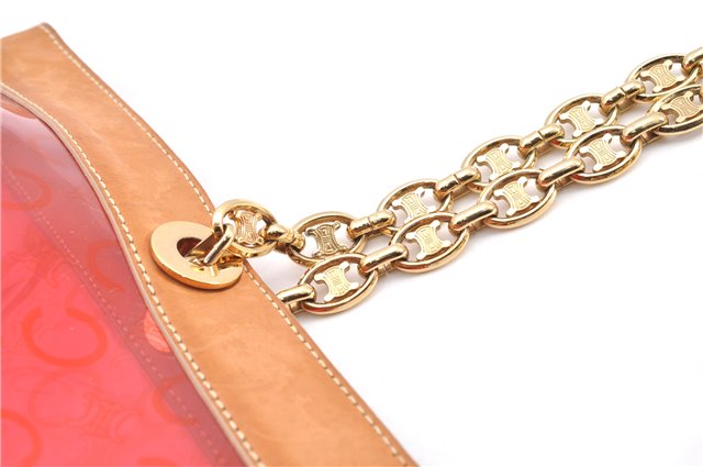 Authentic CELINE C Macadam Blason Chain Shoulder Tote Bag Vinyl Red 0014G