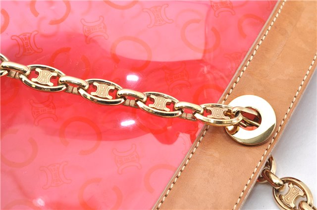Authentic CELINE C Macadam Blason Chain Shoulder Tote Bag Vinyl Red 0014G