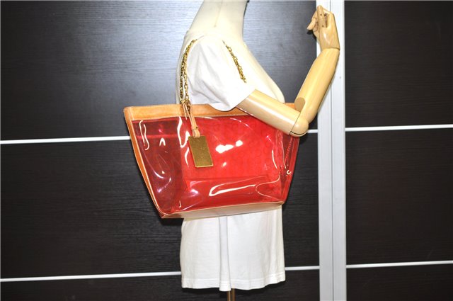 Authentic CELINE C Macadam Blason Chain Shoulder Tote Bag Vinyl Red 0014G