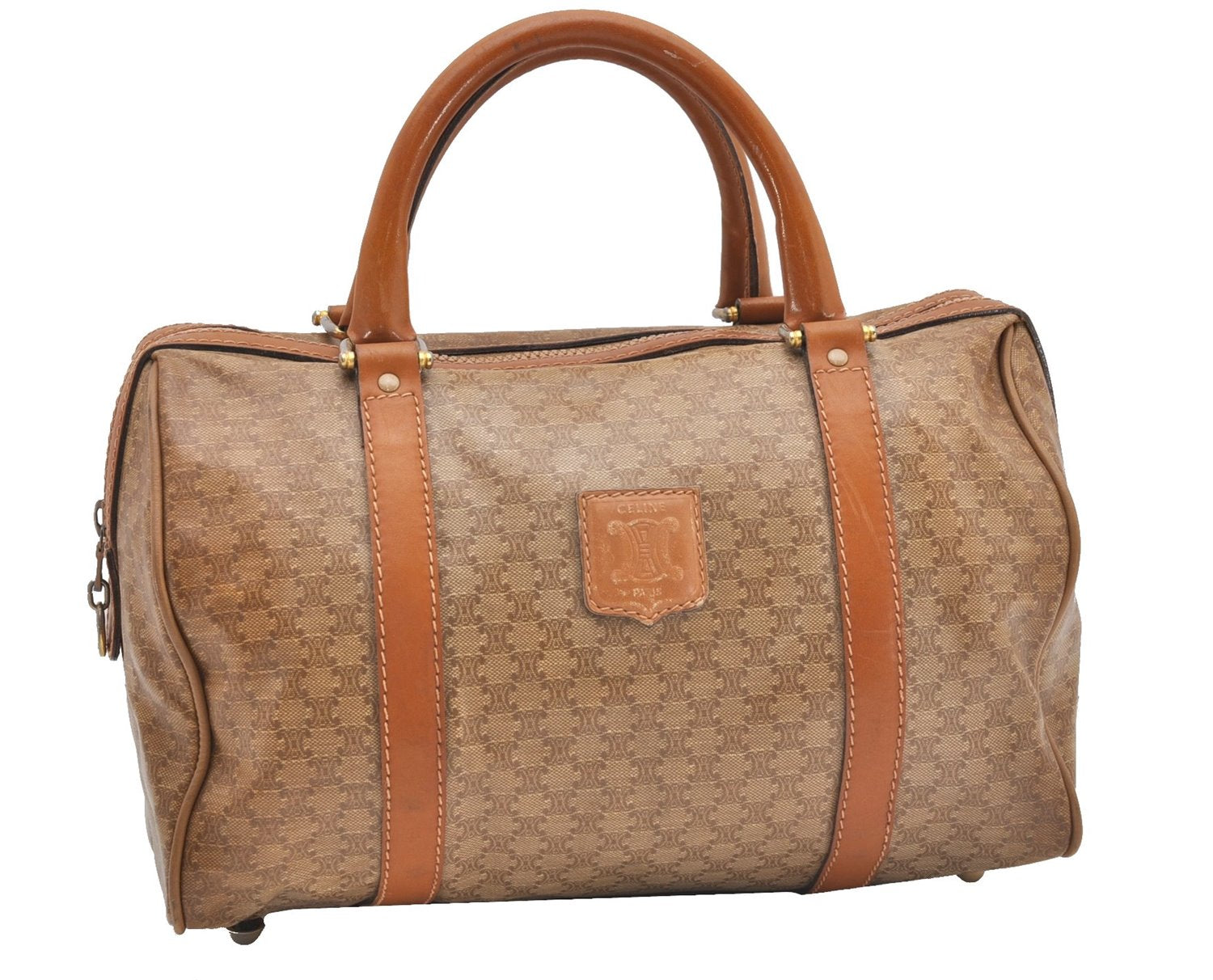 Authentic CELINE Macadam Blason Pattern Hand Boston Bag PVC Leather Brown 0017G