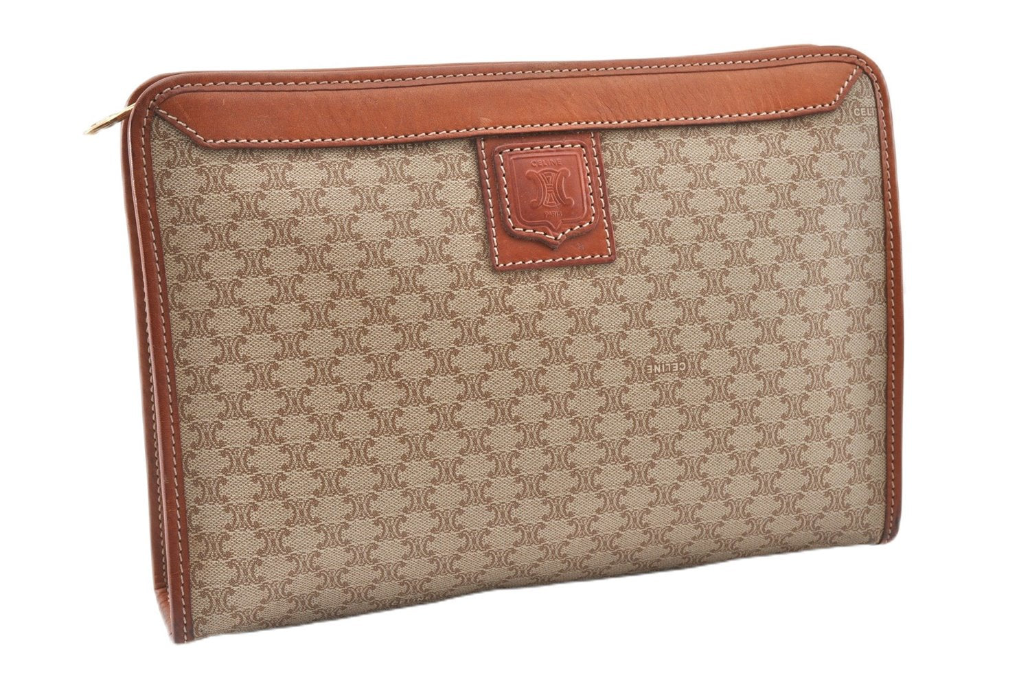 Authentic CELINE Macadam Blason Pattern Clutch Hand Bag PVC Leather Beige 0021G