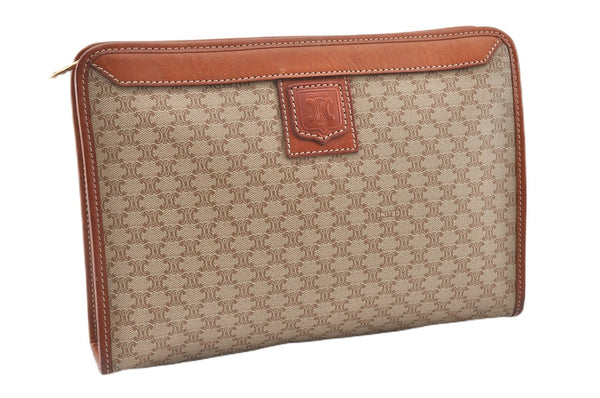 Authentic CELINE Macadam Blason Pattern Clutch Hand Bag PVC Leather Beige 0021G