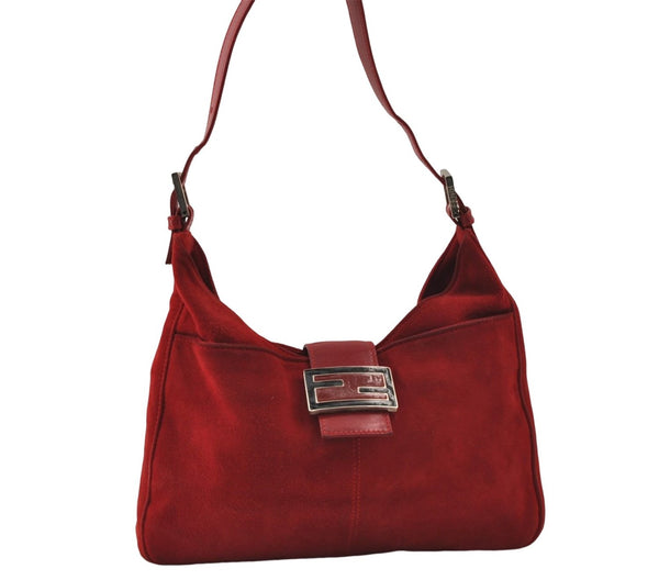 Authentic FENDI Shoulder Hand Bag Purse Suede Leather Red 0023E