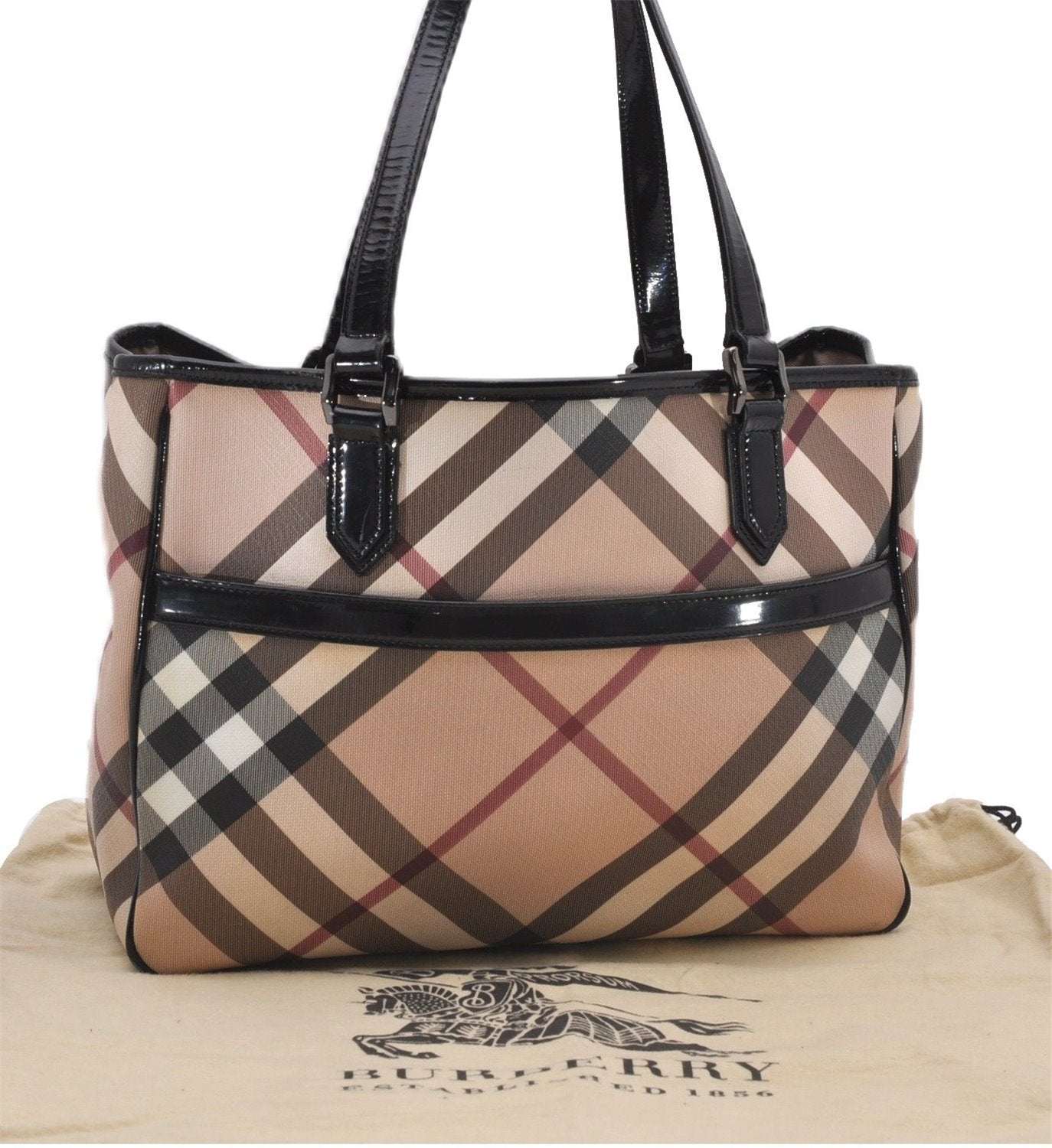 Authentic BURBERRY Nova Check PVC Enamel Shoulder Hand Bag Beige 0026G