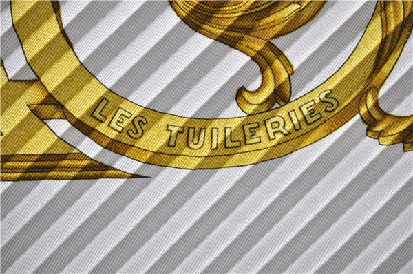 Authentic HERMES Pleats Scarf "LES TUILERIES" Silk White Gold Box 0037E