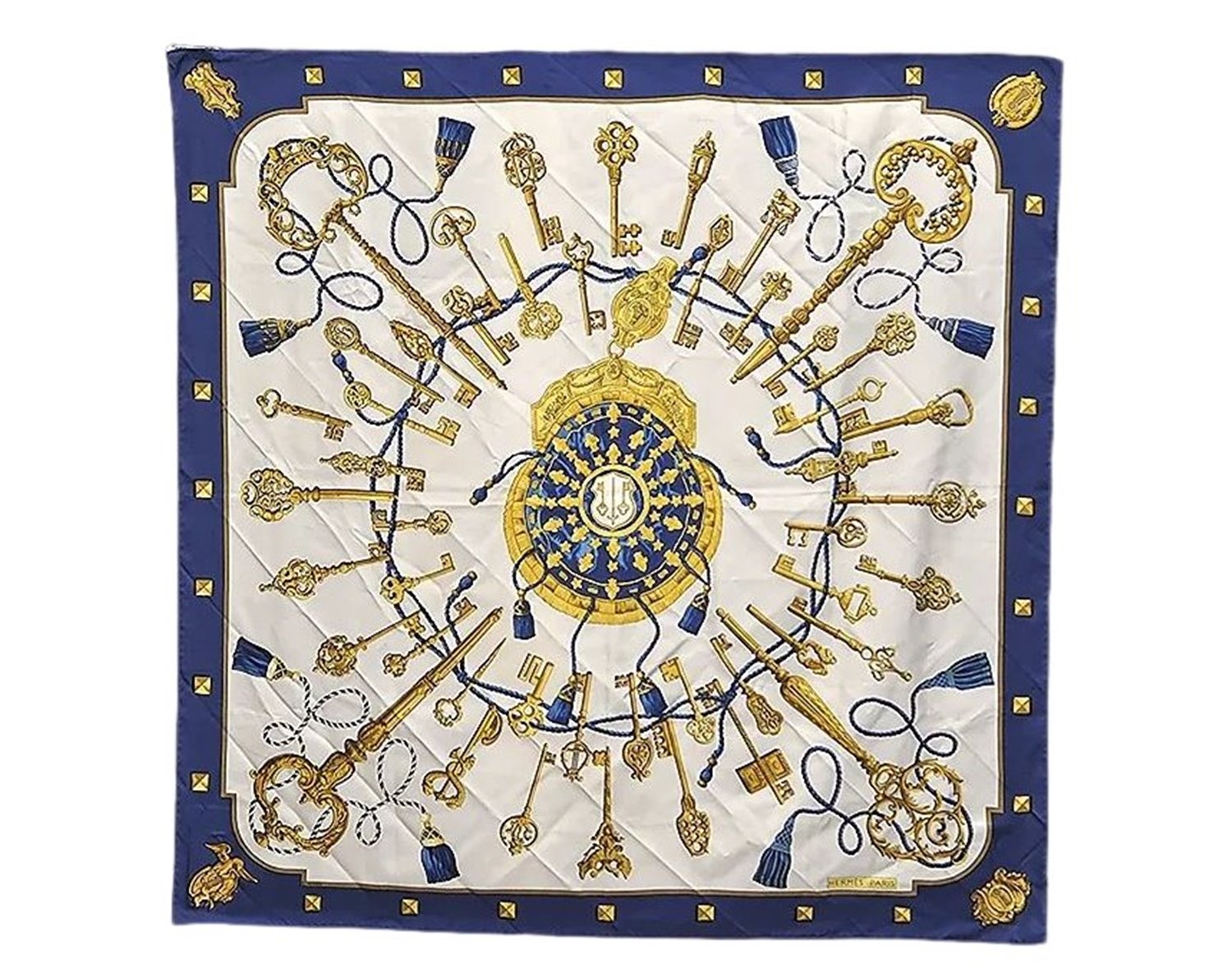 Authentic HERMES Carre 90 Scarf Key Tassel Motif Silk Navy Blue 0045E