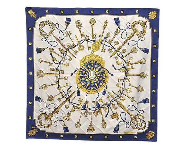 Authentic HERMES Carre 90 Scarf Key Tassel Motif Silk Navy Blue 0045E