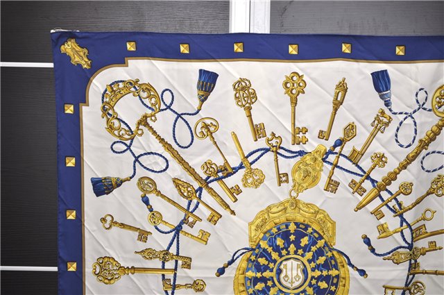 Authentic HERMES Carre 90 Scarf Key Tassel Motif Silk Navy Blue 0045E