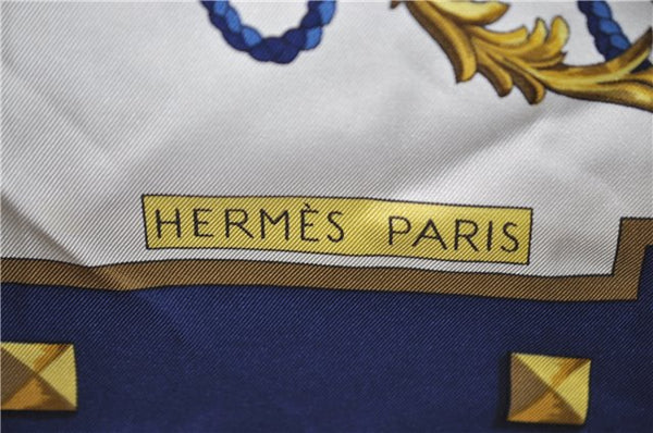 Authentic HERMES Carre 90 Scarf Key Tassel Motif Silk Navy Blue 0045E