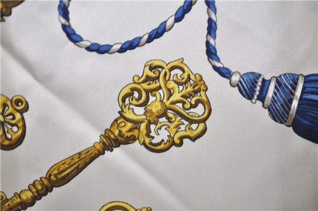 Authentic HERMES Carre 90 Scarf Key Tassel Motif Silk Navy Blue 0045E