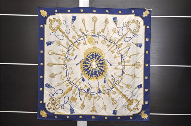 Authentic HERMES Carre 90 Scarf Key Tassel Motif Silk Navy Blue 0045E