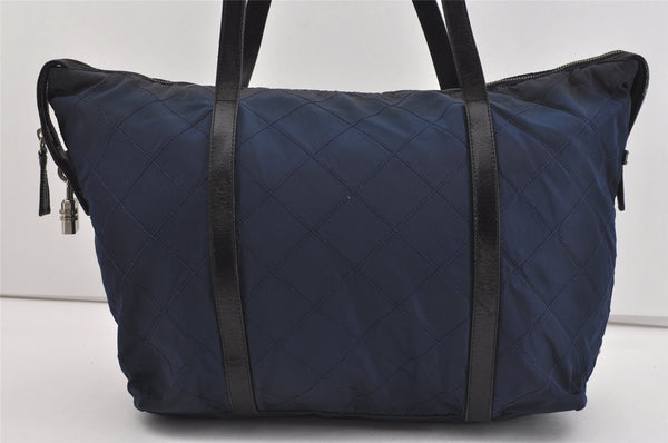 Authentic PRADA Quilting Nylon Tessuto Leather Shoulder Tote Bag Navy Blue 0046I