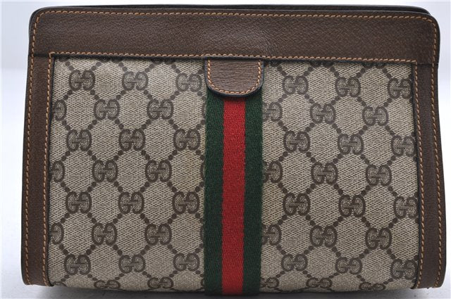 Authentic GUCCI Web Sherry Line Clutch Hand Bag Purse GG PVC Leather Brown 0047D