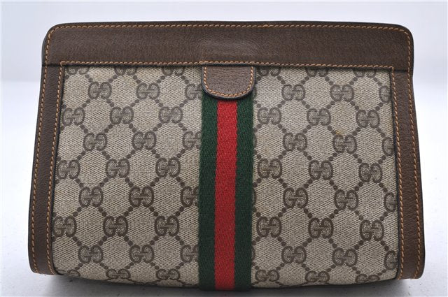 Authentic GUCCI Web Sherry Line Clutch Hand Bag Purse GG PVC Leather Brown 0047D