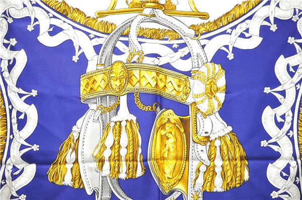 Authentic HERMES Carre 90 Scarf "BRIDE DE COUR" Silk Blue 0051E