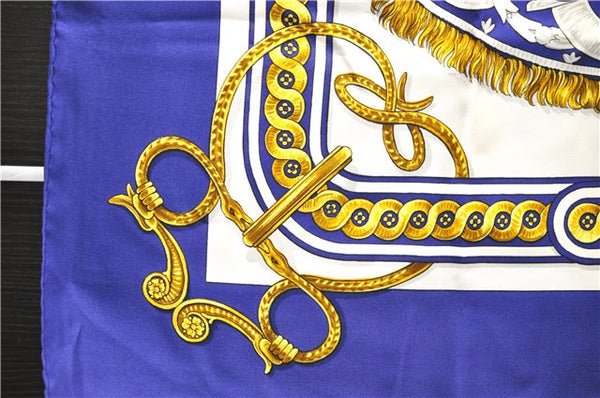 Authentic HERMES Carre 90 Scarf "BRIDE DE COUR" Silk Blue 0051E