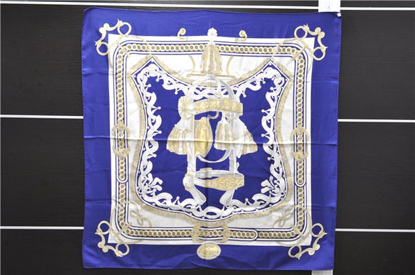 Authentic HERMES Carre 90 Scarf "BRIDE DE COUR" Silk Blue 0051E