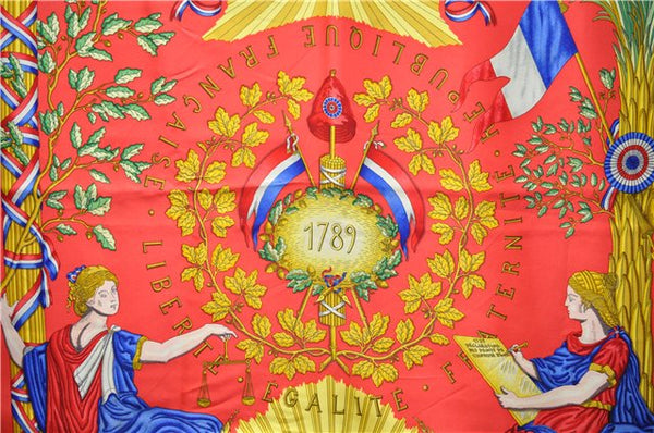 Auth HERMES Carre 90 Scarf "1789 LIBERTE EGALITE FRATERNITE" Silk Blue 0053E