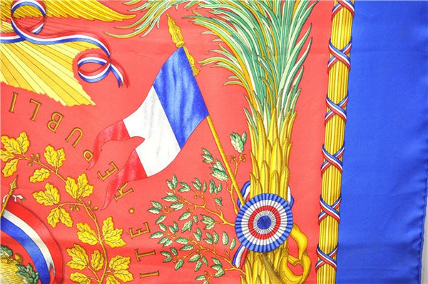 Auth HERMES Carre 90 Scarf "1789 LIBERTE EGALITE FRATERNITE" Silk Blue 0053E