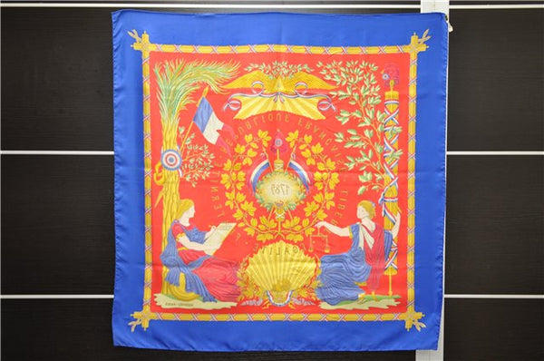 Auth HERMES Carre 90 Scarf "1789 LIBERTE EGALITE FRATERNITE" Silk Blue 0053E