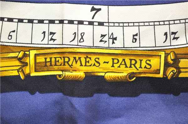 Authentic HERMES Carre 90 Scarf "DIES ET HORE" Silk Navy 0054E