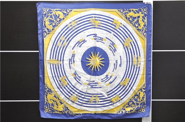 Authentic HERMES Carre 90 Scarf "DIES ET HORE" Silk Navy 0054E