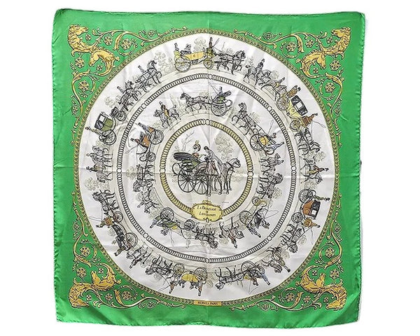 Authentic HERMES Carre 90 Scarf "LA PROMENADE DE LONGCHAMPS" Silk Green 0065E