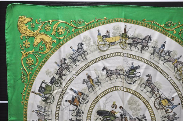 Authentic HERMES Carre 90 Scarf "LA PROMENADE DE LONGCHAMPS" Silk Green 0065E